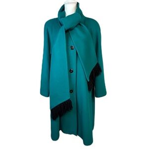 Peacoat Womens 100% Wool Overcoat Size L‎ Button Up Scarf Pockets Green Timeless